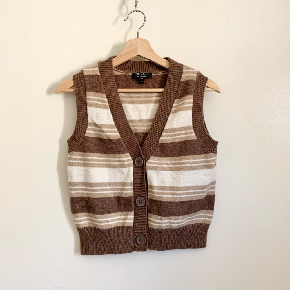 Witty Fox Brown Stripe Knit Button Down Vest Sleeveless Top XS